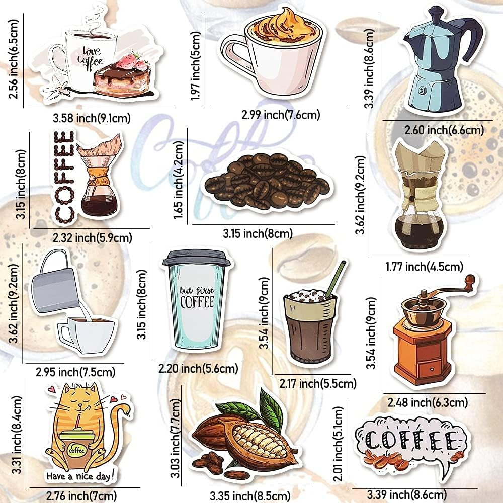 Coffee Stickers for Water Bottles Adults Coffee Stickers for Laptop Coffee Cup Stickers for Scrapbooking Coffee Vinyl Waterproof Stickers 50 Packs