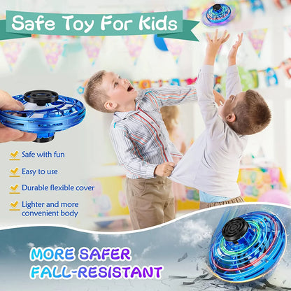 Flying Spinner Mini UFO Toy for Kids, Flying Fidget Spinner UFO Toy , Flying Orb Ball Hand Operated with 360 ° Rotating and LED Lights for Adult and Kids (Blue)