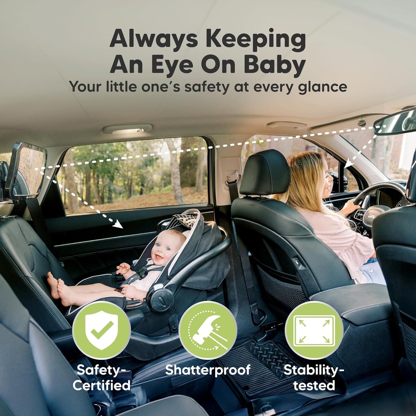 Large Shatterproof Baby Car Mirror - Safety Car Seat Mirror for Rear Facing Infant - Wide Shatterproof  Car Baby Mirror - Carseat Mirrors - Fully Assembled Baby Car Mirror (Matte Black)